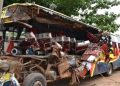 The wreckage of Roblyn Bus Company bus that rammed into a stationary truck in Kamdini Town Council on Kampala-Gulu Highway on January 6, 2023, killing several people.