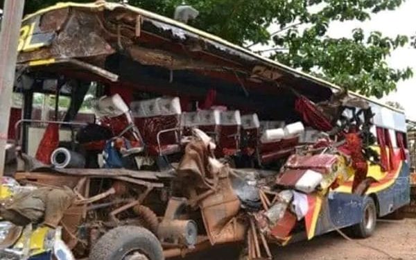The wreckage of Roblyn Bus Company bus that rammed into a stationary truck in Kamdini Town Council on Kampala-Gulu Highway on January 6, 2023, killing several people.