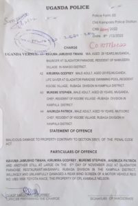 Kavuma, Godfrey Kirumira, Mureme Steven and Ahumuza Patrick were charged with damaging a drone UBG 160M, owned by CPL Kambale Nelson